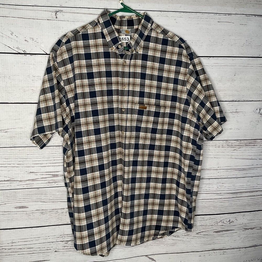 Carhartt Men’s Plaid Navy/Yellow Button Front Short Sleeve Shirt Size XXL